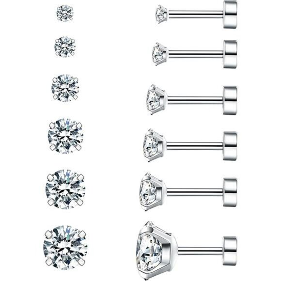 Cubic zirconia stud earrings set hypoallergenic flat back surgical steel - Picture 1 of 7
